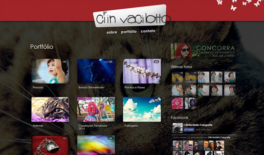 <p>O website da fotógrafa Cíih Vacilotto funciona como um portfólio online, onde ela mostra aos visitantes seus belos trabalhos com imagens.</p>
<p>O layout é responsivo, projetado para receber visitantes de diferentes plataformas, como smartphones e tablets, com o uso de alguns recursos do framework Bootstrap 3.</p>
<p>Os álbuns e suas respectivas fotos foram programados com o uso da API do Flickr, desta maneira, tudo que ela posta em seu perfil do Flickr é automaticamente incluído no site.</p>
<p>A navegação é toda em ‘Ajax’, uma técnica em JavaScript que torna mais direto e simples ao visitante o carregamento do conteúdo das páginas. Mas claro, tudo programado pensando em acessibilidade. Assim, usuários que estiverem com JS desabilitado em seu navegador terão acesso a todo o conteúdo do site sem nenhum problema.</p>
 | Portfólio Vander Amorin