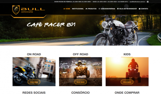 <p>A Bull Motors é uma empresa que produz e comercializa para o mercado brasileiro veículos motorizados para diversão, lazer, esporte e transporte. Sua sede é instalada em São Paulo capital, além de contar com Centros de Distribuição localizados nos estados da Bahia, Goiás, Sergipe, Rio de Janeiro, Minas Gerais e Rio Grande do Sul.</p>
<p>O website traz aos visitantes um mapa com todas as concessionárias e assistência técnica autorizadas e todo o catálogo de produtos da empresa, que conta com mais de 30 modelos diferentes em três categorias: On Road, Off Road e Kids.</p>
<p>Seu desenvolvimento foi realizado sob minha coordenação em parceria com a agência UTI das Ideias.</p>
 | Portfólio Vander Amorin