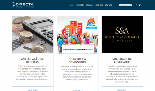 <p>Directa é uma empresa especializada em soluções de cobrança, fundada há mais de 15 anos em Ribeirão Preto – SP.</p>
<p>Junto do website está o blog “Eu moro em condomínio”, que traz aos visitantes matérias relevantes para quem vive em condomínios em geral e quer ficar por dentro de seus direitos e deveres.</p>
<p>O website foi criado em parceria com a agência UTI das Ideias, onde fui o desenvolvedor front-end responsável pelo projeto.</p>
 | Portfólio Vander Amorin